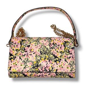 Tory Burch Beige Floral Print Leather Gemini Shoulder Bag